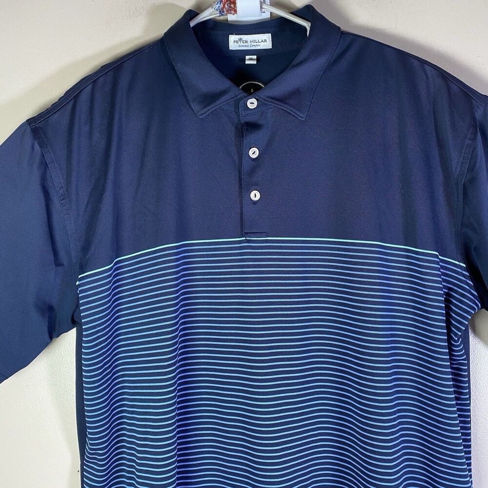 Peter Millar Mens Polo Shirt  XL Summer Comfort  Golf Blue Colorblock Striped